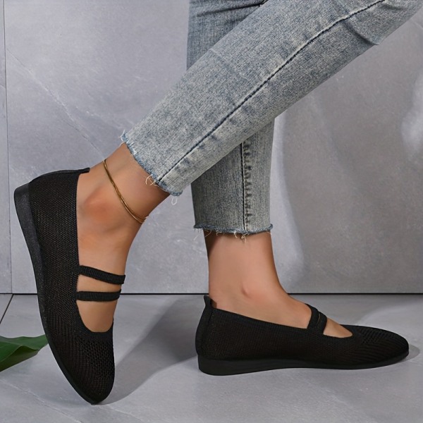 Damstickade Mary Jane, bekväma, mjuka sula Elastiska Slip On Flat Shoes, Andas Enfärgade Flats Black CN37(EU36.5)