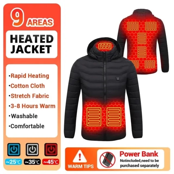 Tvättbar USB laddnings- och värmejacka, jacka med huva i bomull, elvärme, thermal , utomhus, camping, vandringszon 9Areas heated Black Asian size XXXL