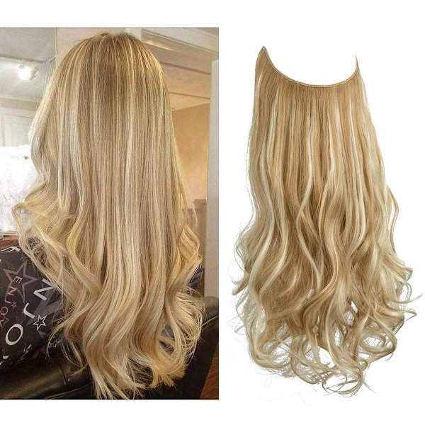 Syntetiska Ingen Clip Wave Hår Extensions Ombre Naturlig Svart Blond Rosa En Bit Falsk Hårpiece Fisk Linje Fake Hårstycken 27H613 14inches