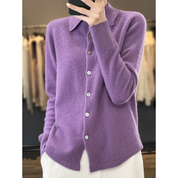 Kvinder Merino Uld Sweater Polo Krave Skræddersyet Cardigan Efterår Vinter Cashmere Cashmere Casual Strik Loose Blød Jakke Bundtop S Violet M