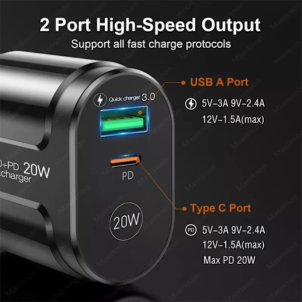 2 Portar Usb-Laddare Snabbladdning 3.0 Pd 20W Typ C Telefonladdare Snabb Laddningsadapter För 13 12Pro Huawei Xia Samsung Yellow US