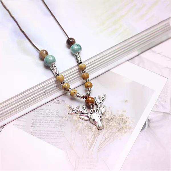 Qingge Handgjord Etnisk Tröja Kedja Mode Retro Lång Halsband Keramisk Multi-Layer Långa Konstnär Simple Spot Green