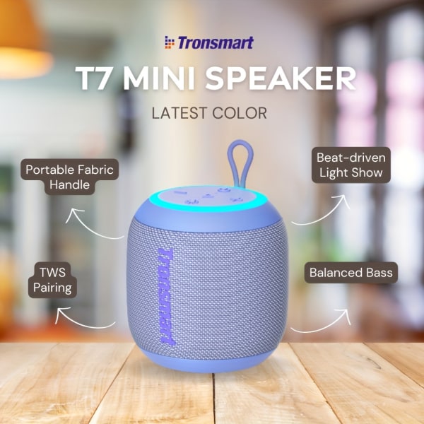 Tronsmart T7 Mini kompakt bärbar högtalare med ljus, stereoljud, BT 5.3, IPX7 vattentät duschhögtalare och utomhushögtalare Gray