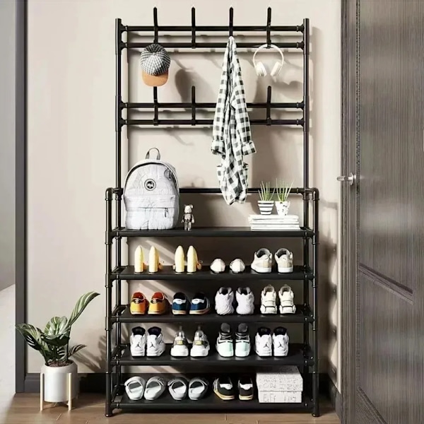 Tøjstativ Multi-lags Skostativ Døråbning DIY Hat Og Sko Hylde Enkel Gulvstående Stue Organizer Opbevaringsstativer 3 Layers-Black