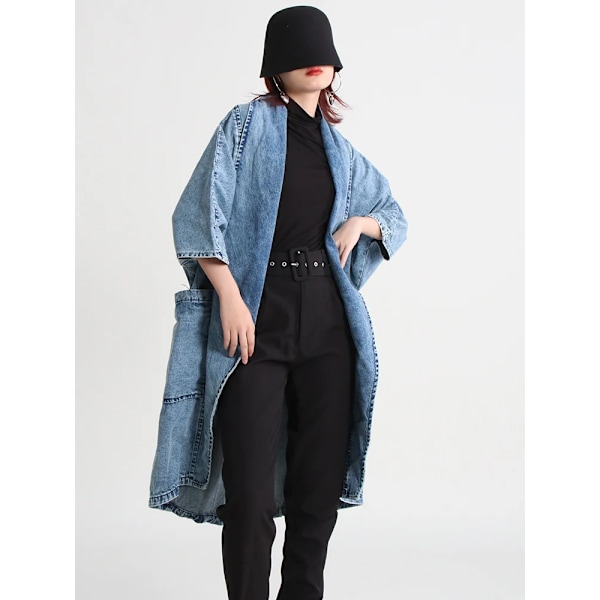 Twotwinstyle Solid Loose Casual Denim Coat För Kvinnor Lapel Lång Ärm Patchwork Pocket Temperament Trench Kvinnliga Nytt Mode Blue One Size