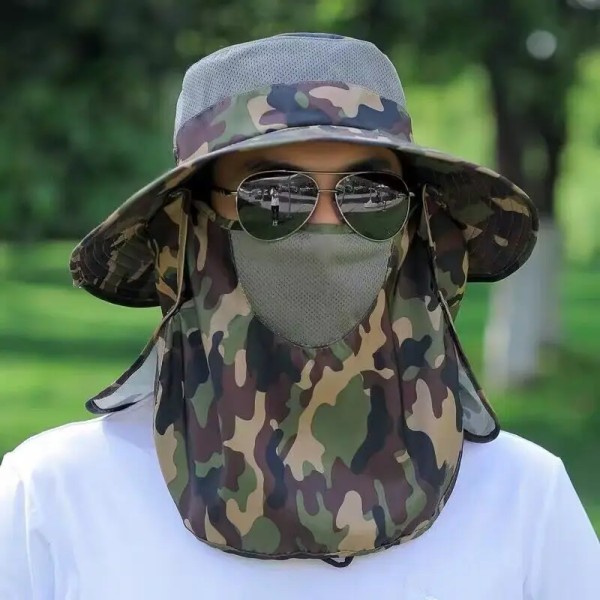 Fiskehatt för män Solskydd utomhus hatt med bred brätte med avtagbart mesh i ansiktet cover Vindtätt band army green