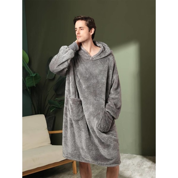 Men's Trendy Pajamas Hooded Warm Flannel Robe With Pocket, Solid One-piece Hoodie Pajamas