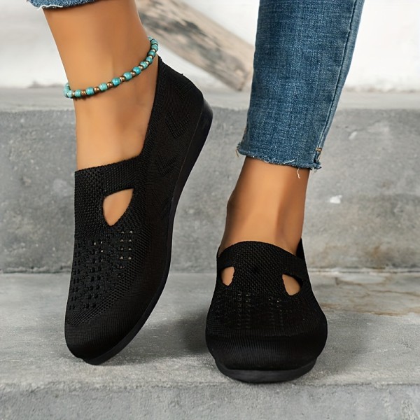 Stickade platta skor för kvinnor, enfärgade ihåliga slip-on-skor, andningsbara och bekväma plattor Black CN42(EU40)