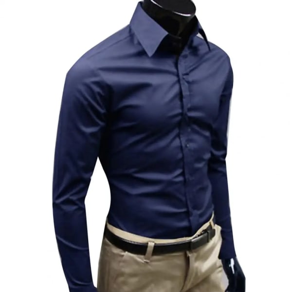 Elegant affärsskjorta Knäppningsstängd bomull för män Slim Fit Businessskjorta i bomull Luktfri snapsskjorta för vardagslivet Navy Blue L