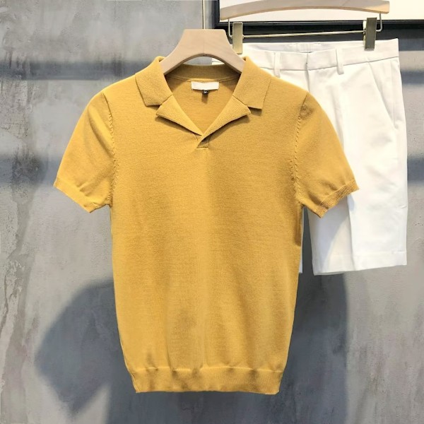 2023 Sommer Ny Mænds Bluser Krave Solid Farve Strikkede Polo Skjorte Britiske Slim-Fit Kortærmet Casual Retro T-shirt Yellow L
