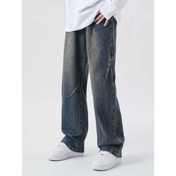 American Retro Jeans Mäns Våren Och Hösten High Street Loose Bredben Byxor Mode Varumärke Casual Raka Ben Överalls Retro Blue M