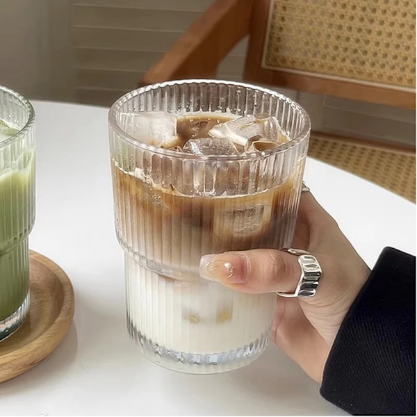 Stripe Glaskop med Låg og Strå Transparent Drikkeglas til Juice Vand og Iskaffe Kopper Drikkevarer Kop 450ml 401-600ml