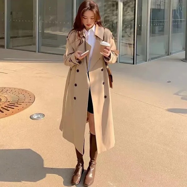 Streetwear Loose Trench Coat Midi Längd Mode Koreanska Elegant Khaki Svarta Kvinnor Windbreaker Coat Casual Double Bree Toppväxt 1 XXL  67-72KG