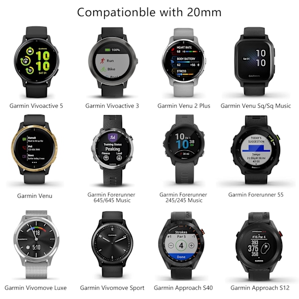 20mm Silikonrem til Garmin Vivoactive 5/3/Luxe/Sport Venu/Venu 2Plus/Sq/Sq Music Approach S40/S12 Forerunner 55/645/245 Band Light purple 20mm