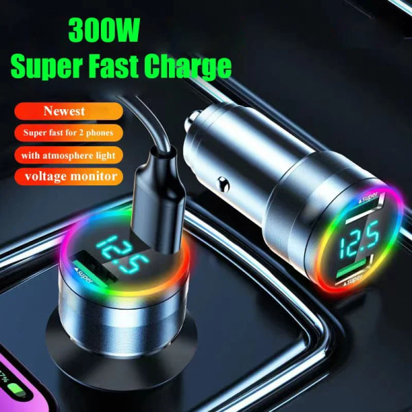 300W Dual Port USB billaddare med LED-ljusspänningsmonitor Supersnabbladdande fordonsadapter för iPhone Samsung Huawei OPPO