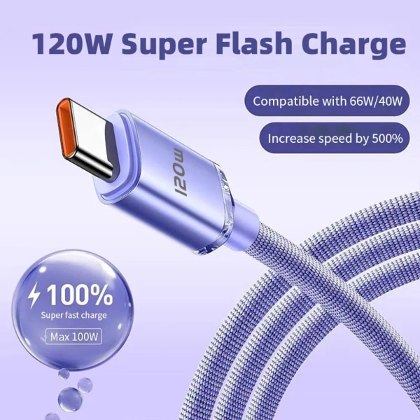 120W 7A USB Typ C-kabel för Xiaomi 13 Samsung S23 Realme Mobiltelefon Snabbladdning USB C-kablar Typ C Snabbdataladdare Black