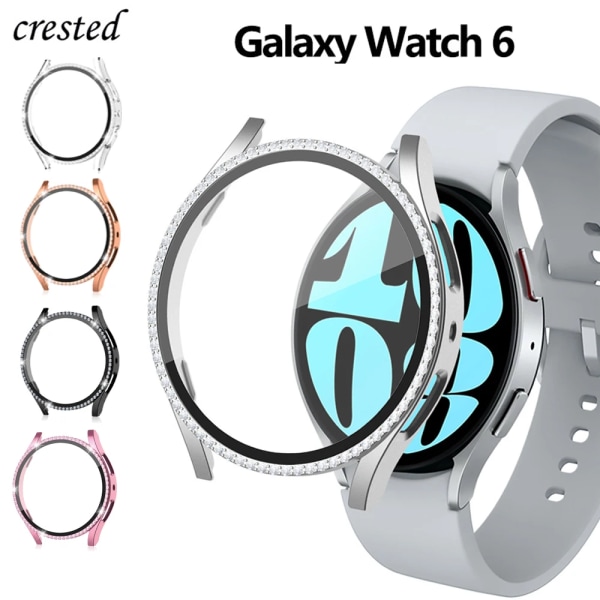 Glas+ case för Samsung Galaxy Watch 6 40mm 44mm Tillbehör Bling PC-stötfångare+skärmskydd Galaxy watch 6 Cover Case rose pink galaxy watch 6 40mm