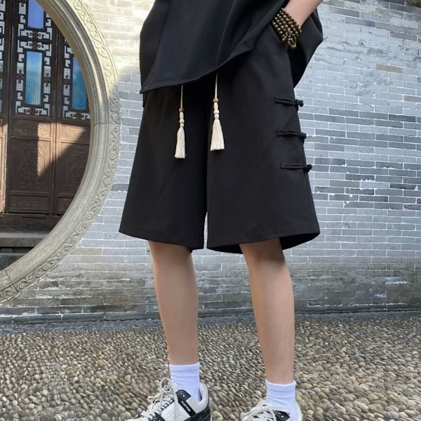 Uudet Kiinalaiset Style Buckle Casual Shorts Miehille 2024 Kesä Trendikkäät Ulkokäyttöön Kulutusta Kestävä Kansallinen Tyyli Loose Miesten Vaatteet Viidennet Shortsit Ohut Black M