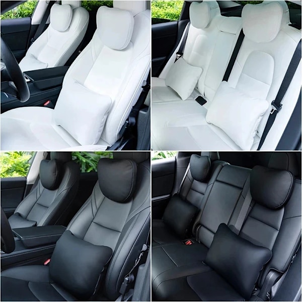 För Tesla Modell 3 Y Flocking / Läder Bil Sittplats Kudde Kudde Mjuk Minne Hals Kudde Högkvalitativ Headrest Lumbar Suppo M3MY 04W