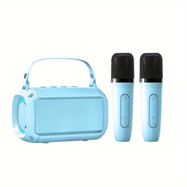 Kinglucky T33 karaokemaskin, mini bärbar trådlös karaoke-högtalare, med 2 trådlösa mikrofoner och färgade lampor Blue 2mics