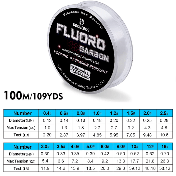 PROBEROS 100M Fluorkarbonbeläggning Fiske Linje 2.2LB-58.12LB Kolfiber Monofilament Leader Linje Karp Fiske Sjunkande Linje FT100N2D5