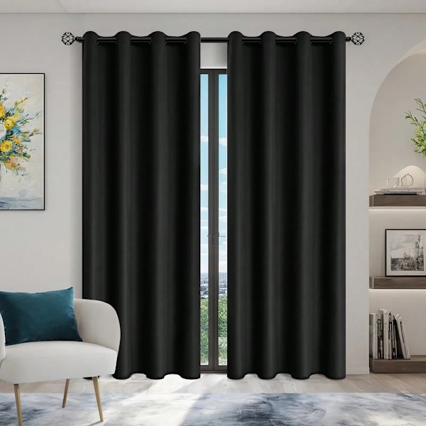 1 stk. Ensfarvet Blackout Gardin med Øjer, Total Privatlivs Gardin til Soveværelse Black 132X274cm