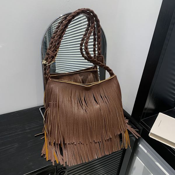 Bohemian Brun Distinctive Taske 2024 Sommer Ny Kvindertaske Retro All-Match Skulder Crossbody Taske Kvast Tasken Brown