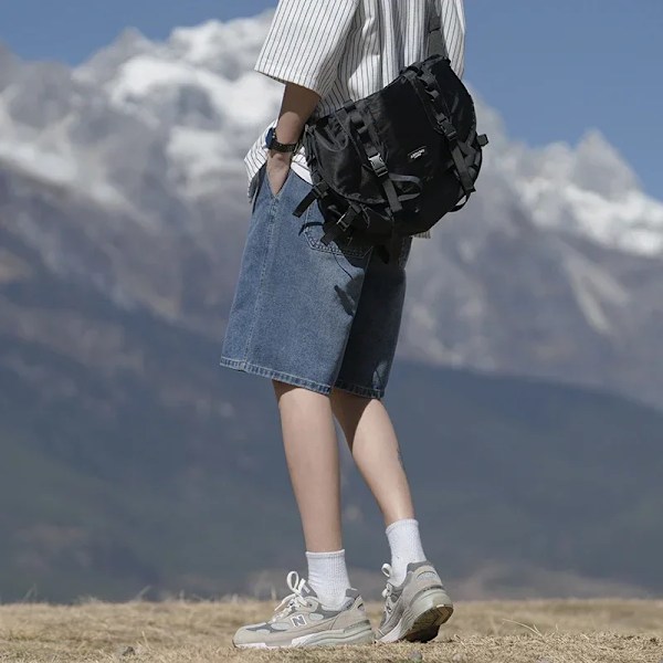 2024 Sommaren Män Baggy Denim Shorts Rak Elastisk Midja Mode Casual Loose Korta Män Kläder Ljus Blå Light blue Asia XL (65-72.5kg)