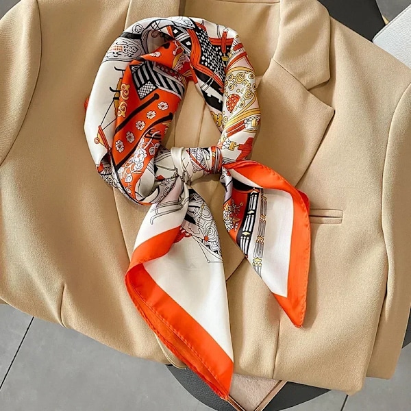 Luksus Design Udskriv Silke Firkantet Tørklæde Kvinde Blød Satin Hestehale Hårbånd Halstørklæde Kontor Hijab Hovedbånd Taske Gave W-109-1-Orange 70x70cm