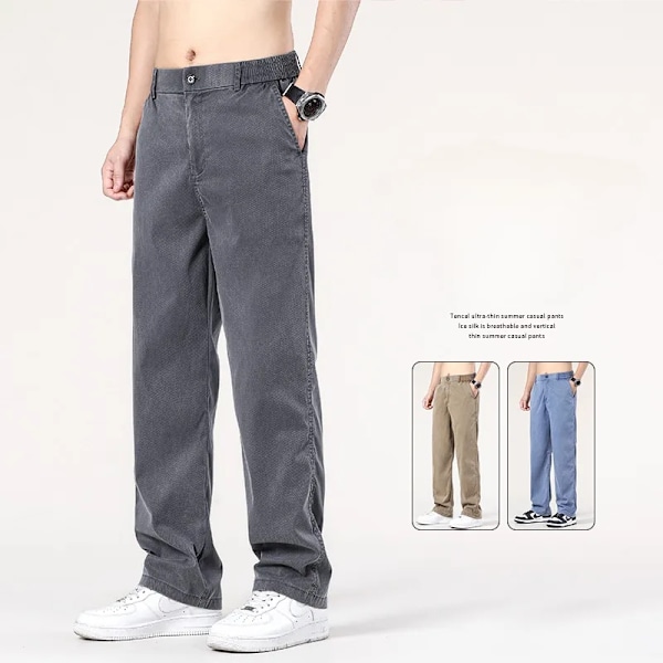 Sommar Nya Baggy Jeans Män Klassiska Tunn Lyocell Tyg Hög Kvalitet Straight Casual Byxor Mjuk Denim Byxor Kaffe Blå Gra. Y GRAY 4XL (W38)