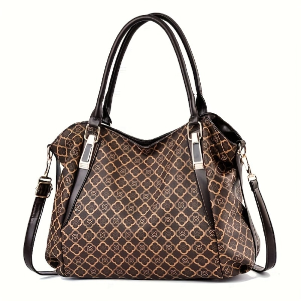Handväska med print för kvinnor, axelväska med stor kapacitet, Crossbody-väska i PU-läder Coffee Cloud