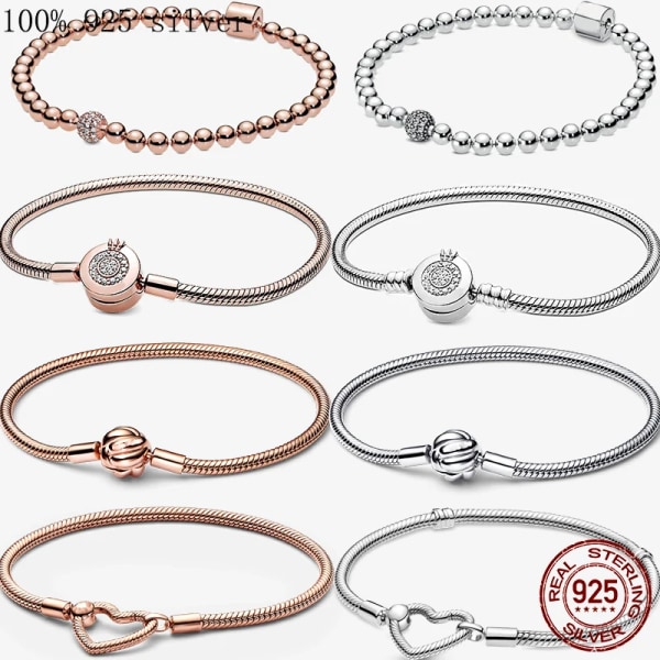 925 Sterling Silver Charm Bead Armband för Kvinnor Original Rose Gold Charms Hjärta Armband Bangles Snake Chain Diy Smycken CPB001 20cm