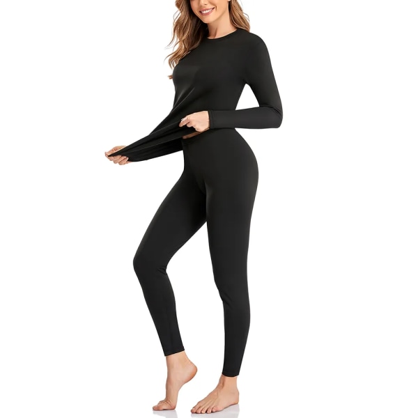 Vinter thermal set för kvinnor Long Johns smal kropp och hög elasticitet kallt väder Pyjamas Topp nederdel dam kostym black M
