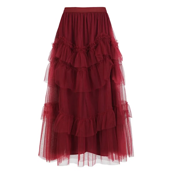 2024 Spring Autumn New Layered Tiered Design Sensibility Mesh Skirt Women's Versatile Base Loose High-waisted Skirt Burgundy All yards