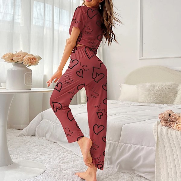 Kvinde Pyjamas Sæt Kort Ærme Skjorte Og Bukser Sovetøj To Stykker Pyjamas Loungewear Nattøj Dame S Pijama Hjem Tøj Tøj Dark Red M