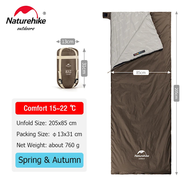 Naturehike lw180 sovepose ultralet bomuldssovepose forår sommer sovepose udendørs vandreture camping sovepose Brown - 205x85 cm