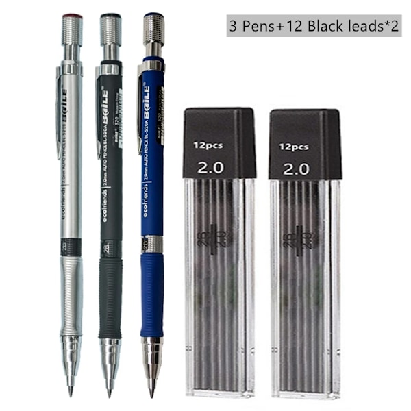 Mekanisk blyantsæt 2,0 mm med 2B sort/farvet blypåfyldning til skrivning, skitsering, kunst, tegning, maling, skole, automatisk blyantspenal Black Pencil set B