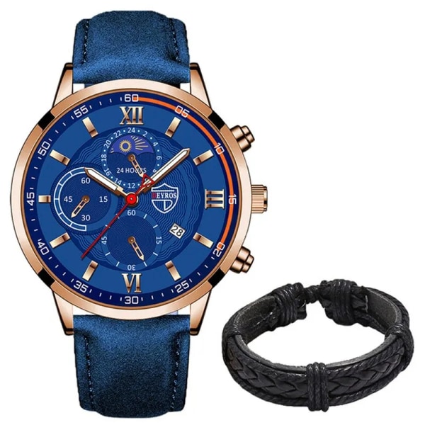 2ST Set Mode Herr Sportklockor Man Business Läderarmband Quartz Watch Lyx Herr Casual Luminous Clock Reloj Hombre Blue Rose