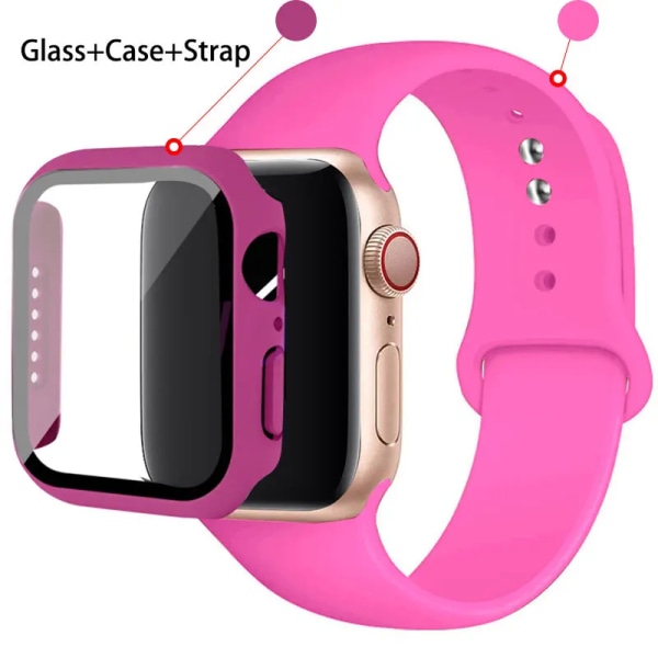 Glas+ Case+ Rem För Apple Watch -band 44mm 45mm 42mm 41mm 40mm 38mm Silikonarmband iWatch-serien 8 9 7 6 5 4 3 SE 47 Barbie powder 41mm series 7 8 9