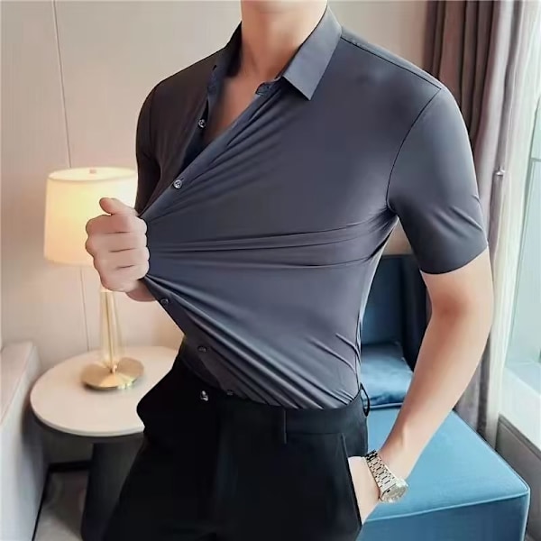 Mäns Tröja Lång Ärm Sommar Slim Fit Stretch Business 2023 Nya Mäns Kostym Skjorta Gray Short Sleeve M