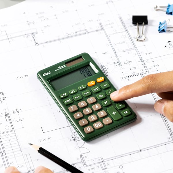 12-numeroinen minilaskukone, jossa on suuri LCD-näyttö ja herkät painikkeet, vakiotoimintolaskin toimistoon, kotiin ja kouluun Green