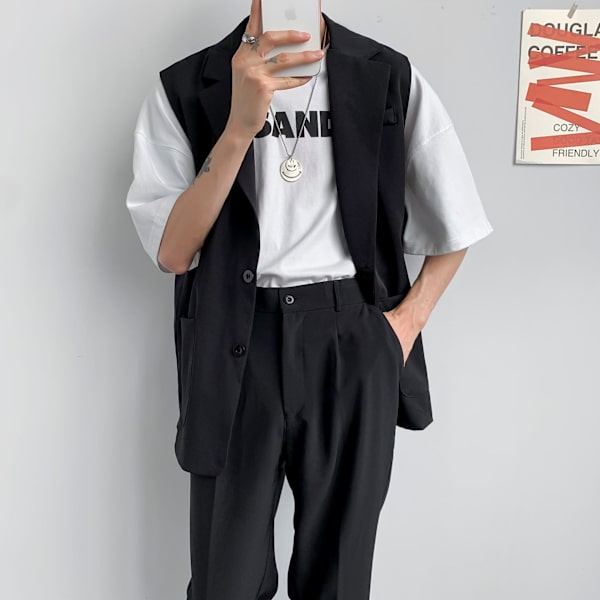 Höstdräkt Mäns Västjacka Mäns Koreansk-Stil Moderiktig Ärmlös Kostym Hong Kong-Stil Loose Wa. Väst Sommare Black M