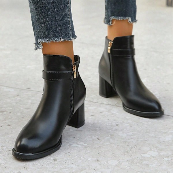 Chunky Heel Round Toe Medium Ankel Boot, Mode Bekväm Och Slimping Bootie För Vintern Black CN38