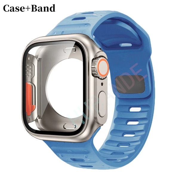 Silikonrem+ case För Apple Watch Case 44mm 45mm 41mm 40mm Skärmskydd Byt till Ultra For iWatch Series 8 7 SE 6 5 3 8 sky blue-Ti Series456 SE 40MM