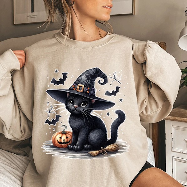 Rolig Halloween Svart Katt Pumpa Bat Print Sweatshirt För Kvinnor Kreativ Höst Och Vinter O Hals Hoodless Pullover La La La Nackes Överst Khaki L