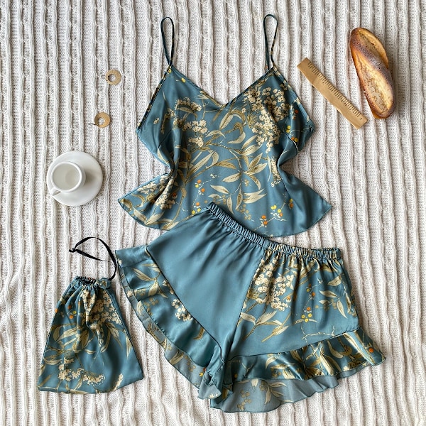 Elegant Floral Print Cami Toppar Ruffle Hem Shorts Pajama Set Kvinnors Sömnkläder Loungekläder green M