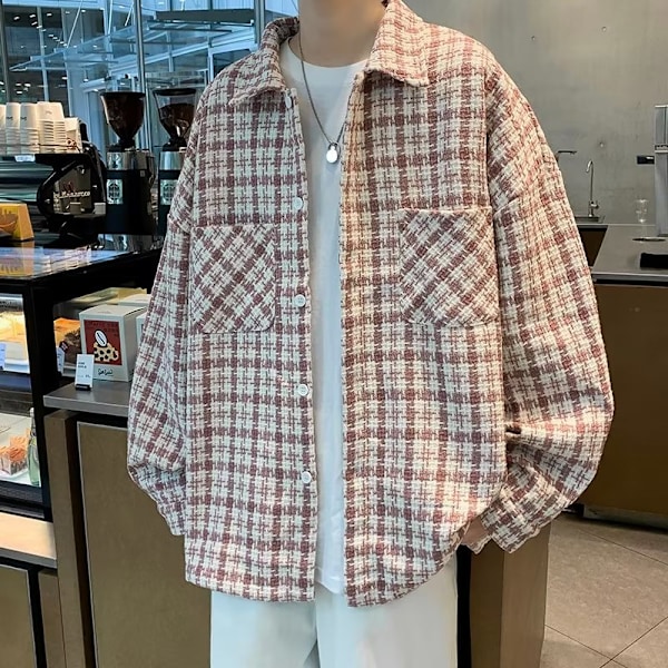 Hong Kong Style Japanska Style Plaid Lång Ärm Skjorta Män Trendig Casual Skjortjacka Våren Och Hösten Mode Märker Wooler N Rock För Män Pink XXXL