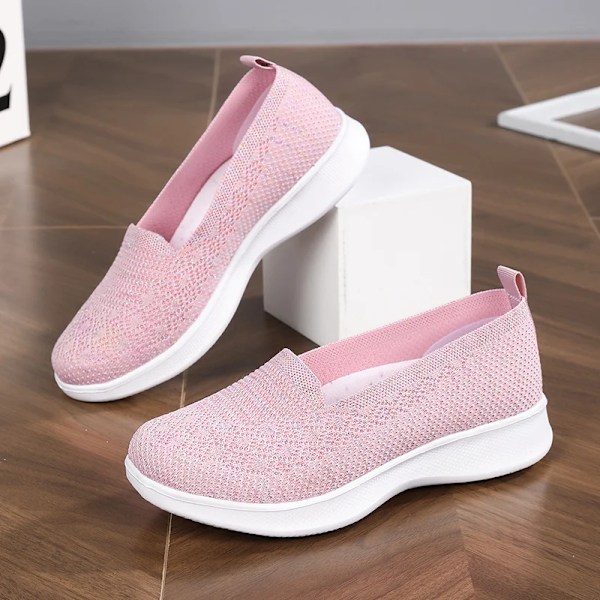 Kvinnor Walking Tränare Skor Mesh Sport Andningsbara Lätta Flats Mjuka Sole Casual Stickade Sneakers Pink 39