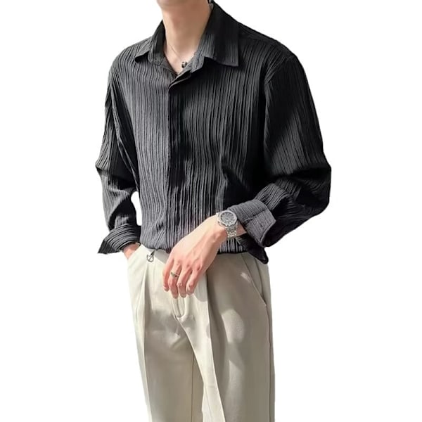 Koreansk Stil Loose Plesat Långärmad Skjorta Mäns Vår Trend Handsom Casual Non-Ironing Tröja Mäns Shirs Sommare Apricot M