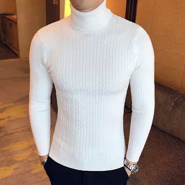 Nya Mäns Hög Hals Tröja Solid Färg Pullover Stickade Varm Casual Turtlenecks Svetträff Woolen Män Vintern Toppar Utomhus. G04 white M55-65kg